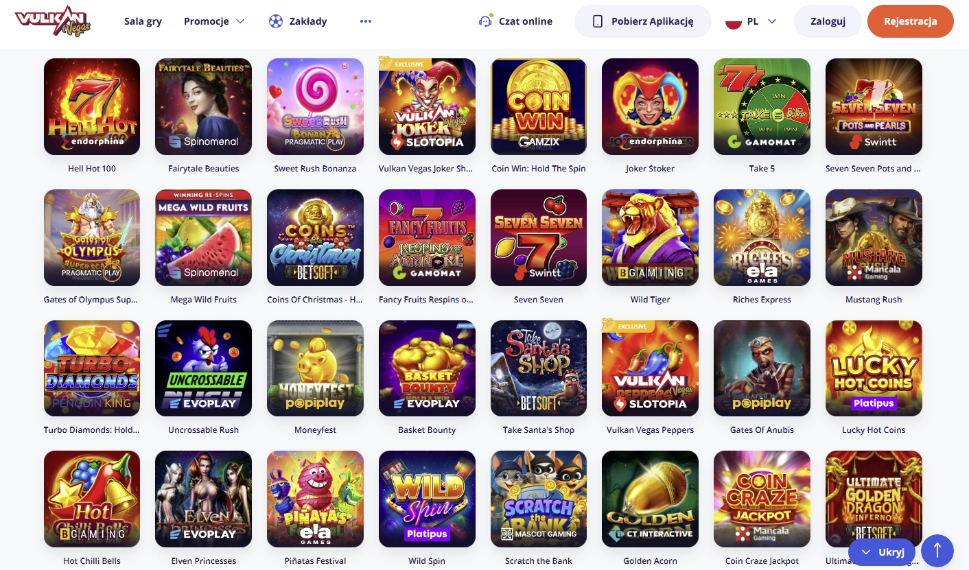 Lista gier wulkan Vegas