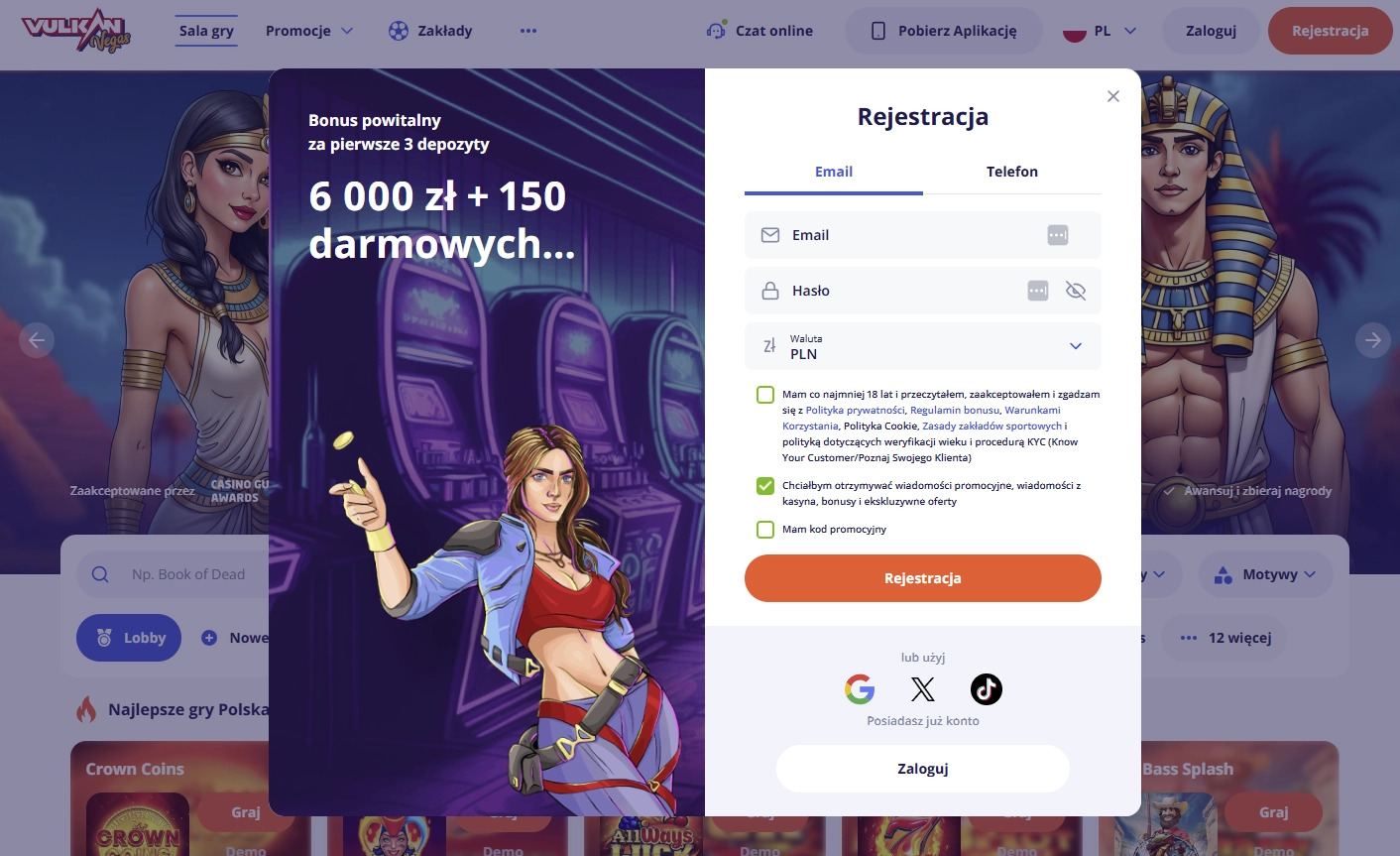 Ekran rejestracji Vulkan Vegas Casino